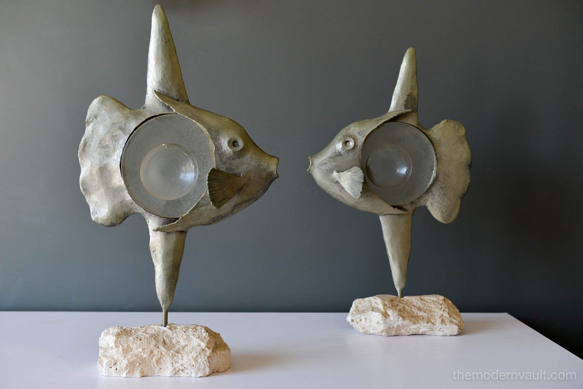 Pair of Vintage Pewter and Glass Sunfish Statues on Granite Bases ...