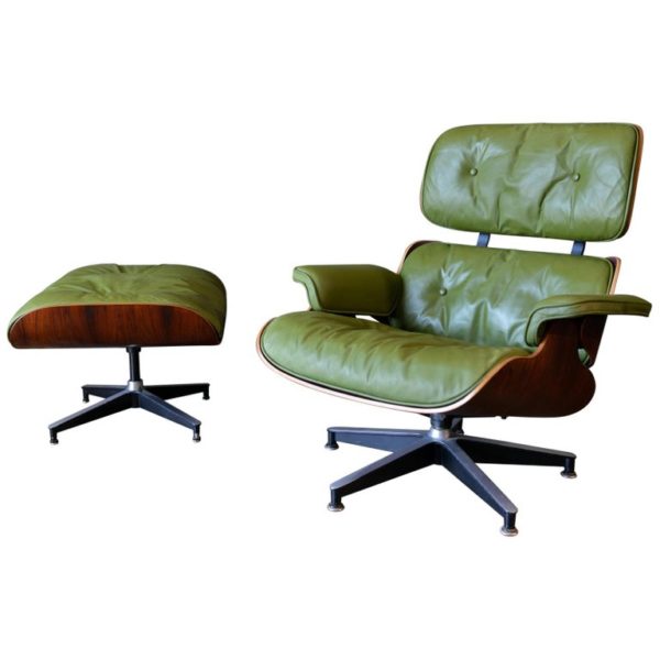 Avocado Green Leather Eames Lounge Chair and Ottoman, 1967