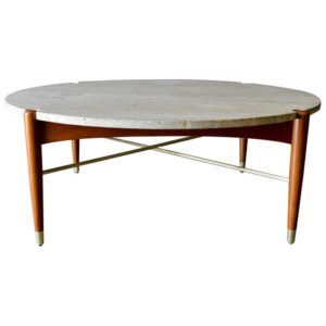 Round Travertine and Brass Coffee Table by DUX, circa 1965