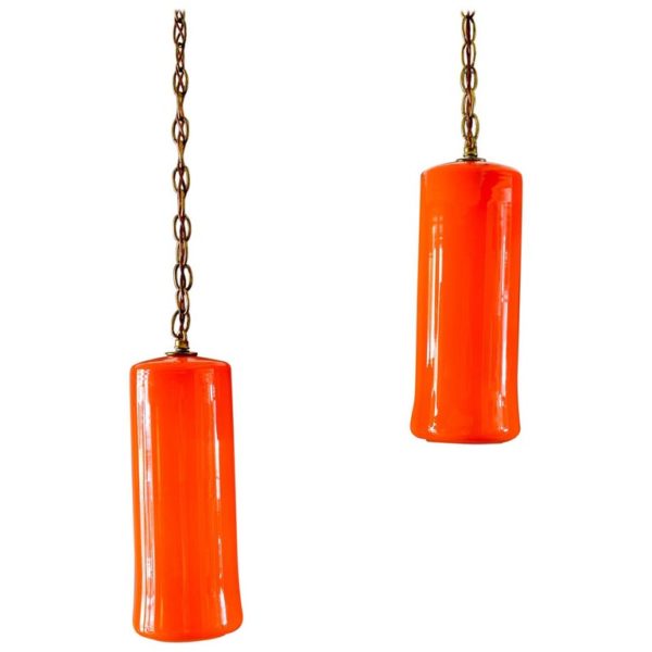 Uno & Östen Kristiansson for Luxus Orange Glass Pendant Lights, ca 1960
