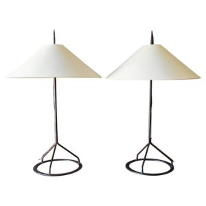 Pair of Custom Wrought Iron Lamps with Shades, circa 1980