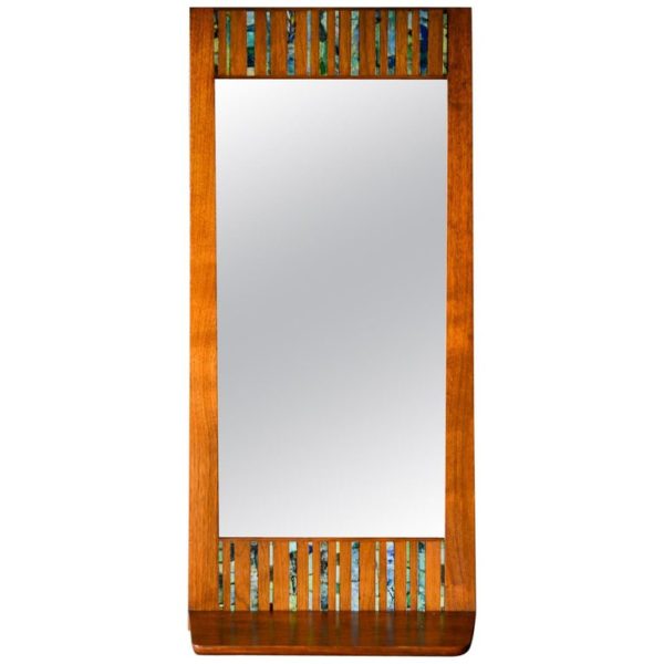 Walnut and Ceramic Tile Floating Shelf Mirror by Harris Strong, circa 1965