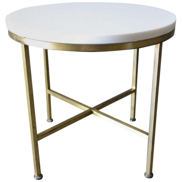 Round Brass and Vitrolite Side Table by Paul McCobb for Directional, ca. 1959. Beautiful brass and near perfect vitrolite side table, scarce model not often seen. Brass has some patina and vitrolite has extremely light wear, no chips. Measures 17" D x 16" H