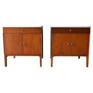 Pair of Paul McCobb Walnut and Marble Nightstands or End Tables, circa 1960