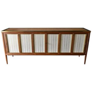 Bert England Walnut, Cane, Brass and Travertine Credenza, ca. 1955