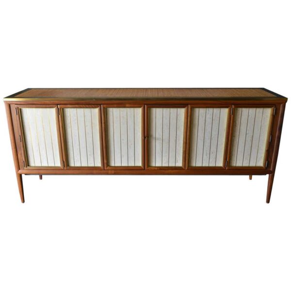 Bert England Walnut, Cane, Brass and Travertine Credenza, ca. 1955